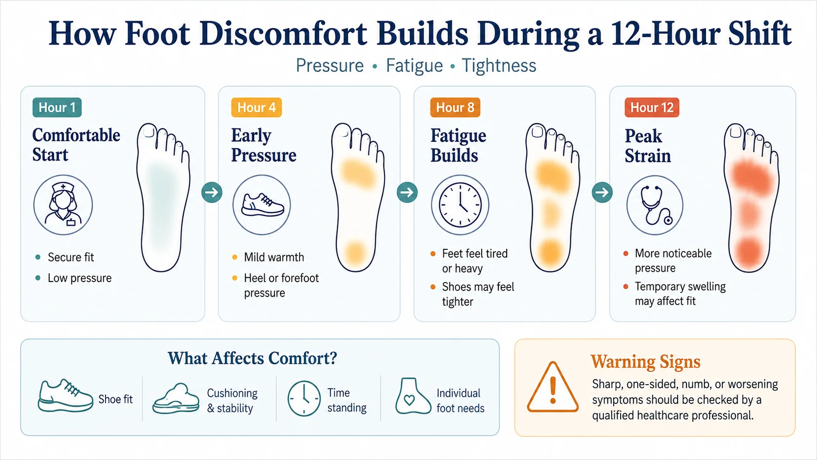Infographic showing how nurse foot discomfort may build during a 12-hour shift