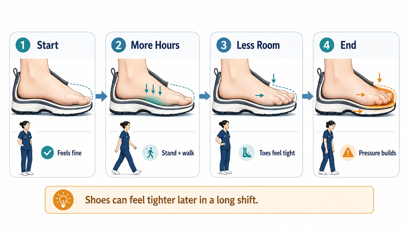 Infographic showing how toe pressure builds inside nursing shoes during a 12-hour shift