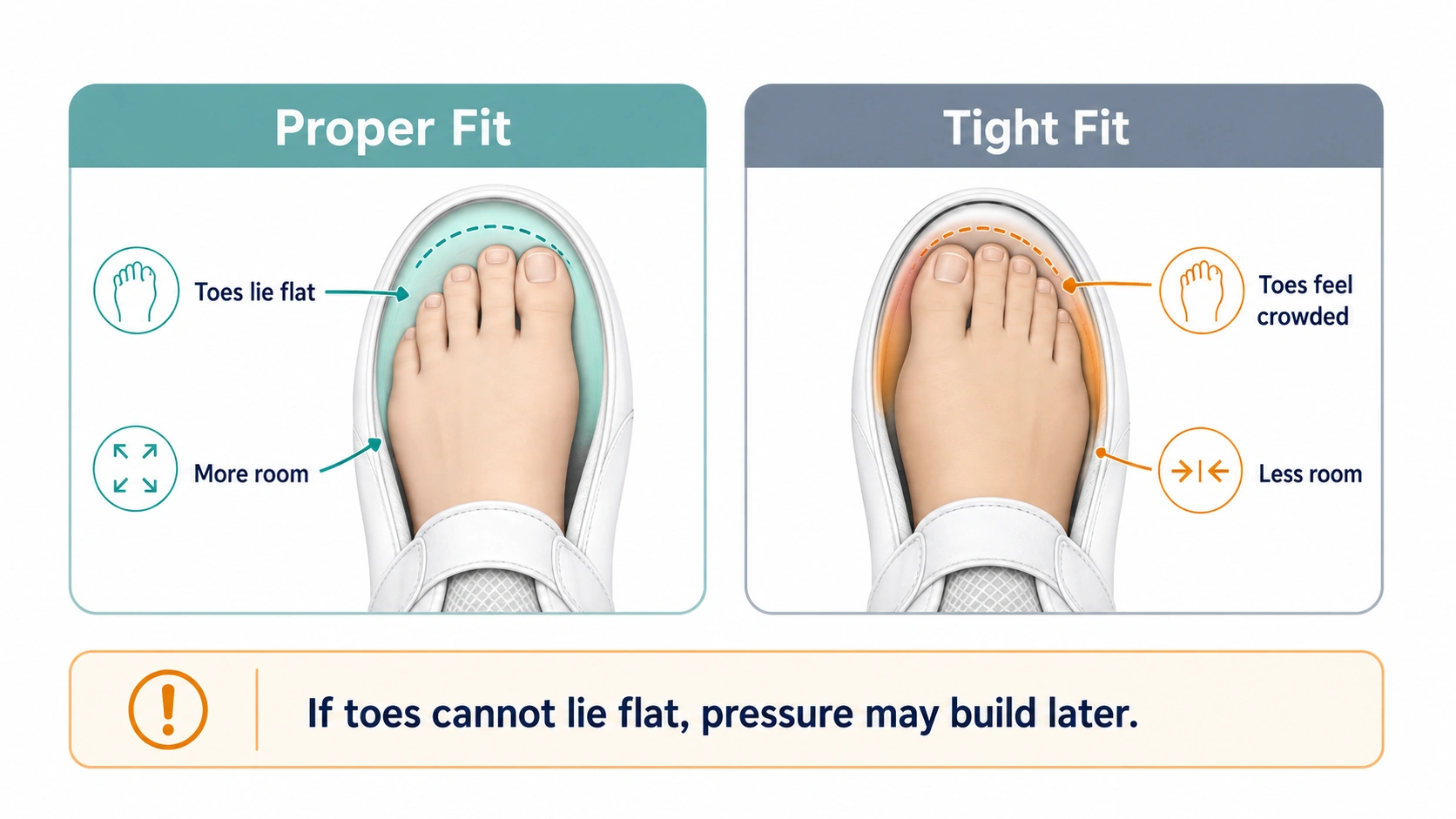 Proper toe box fit compared with tight toe box fit in nursing shoes
