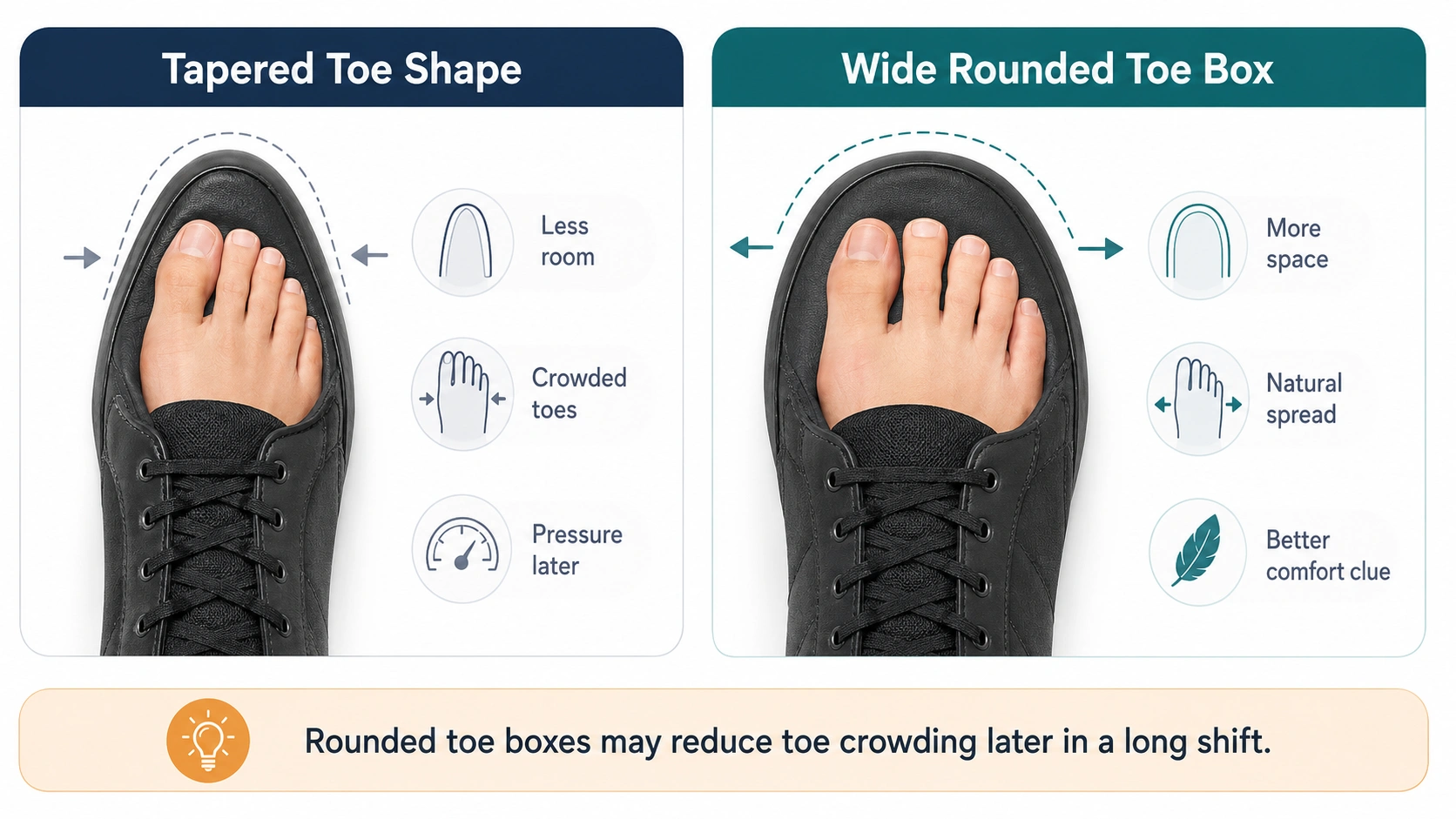 Wide rounded toe box compared with a tapered toe shape in nursing shoes