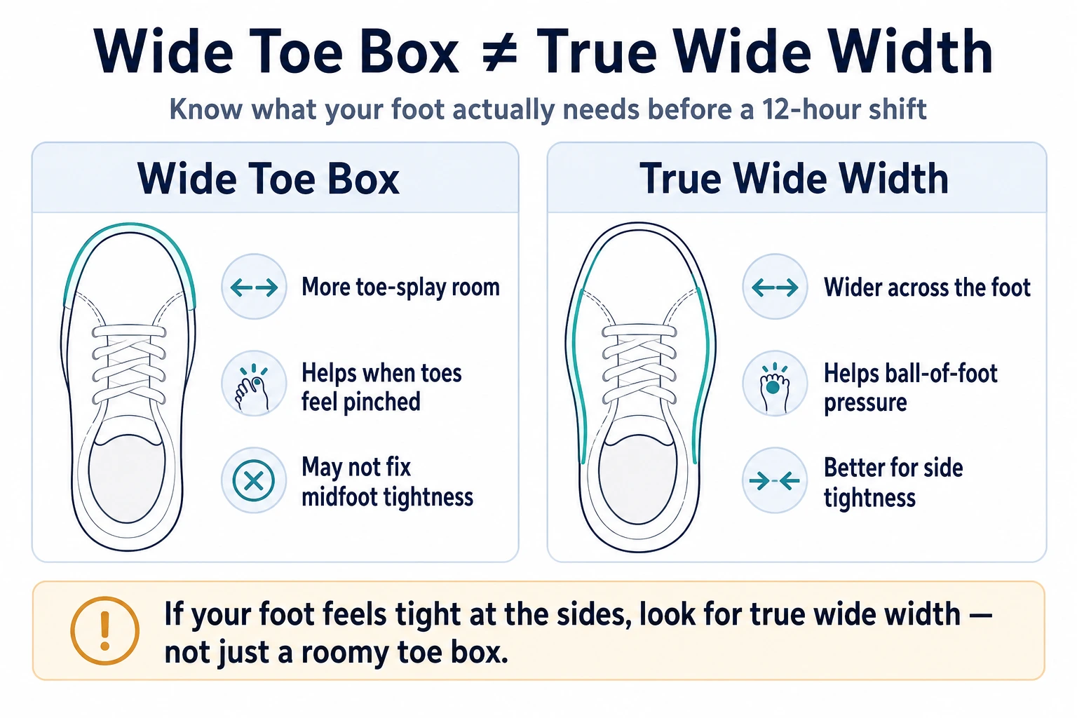Wide toe box compared with true wide width in nursing shoes
