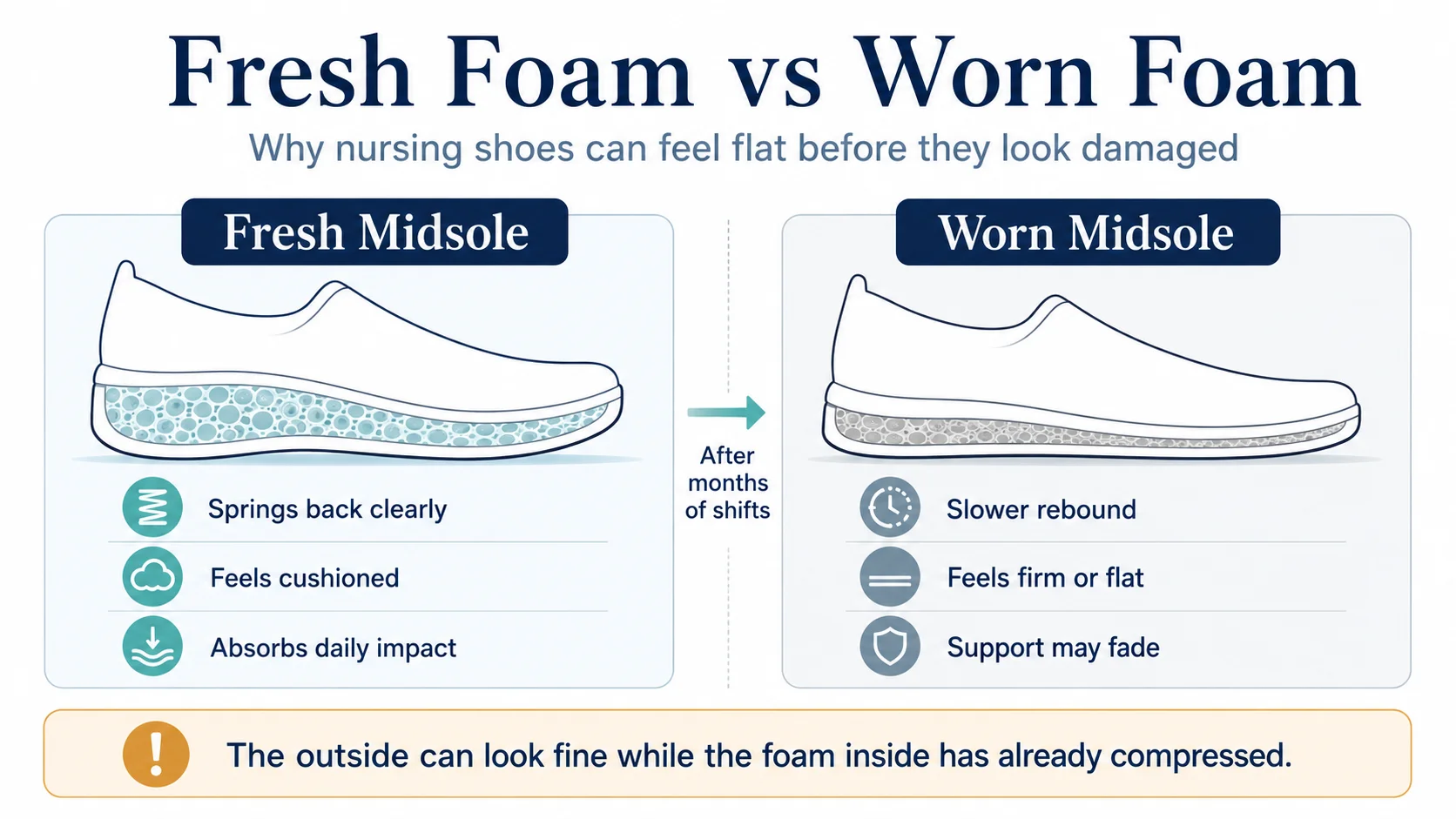 Fresh vs worn EVA midsole foam in a nursing shoe