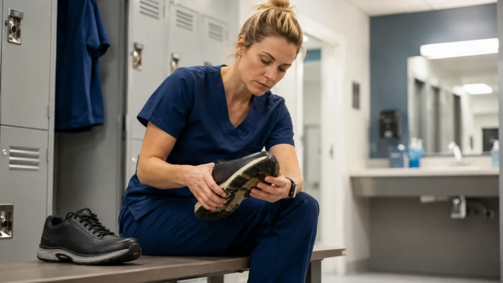 Nurse checking work shoes after a long hospital shift