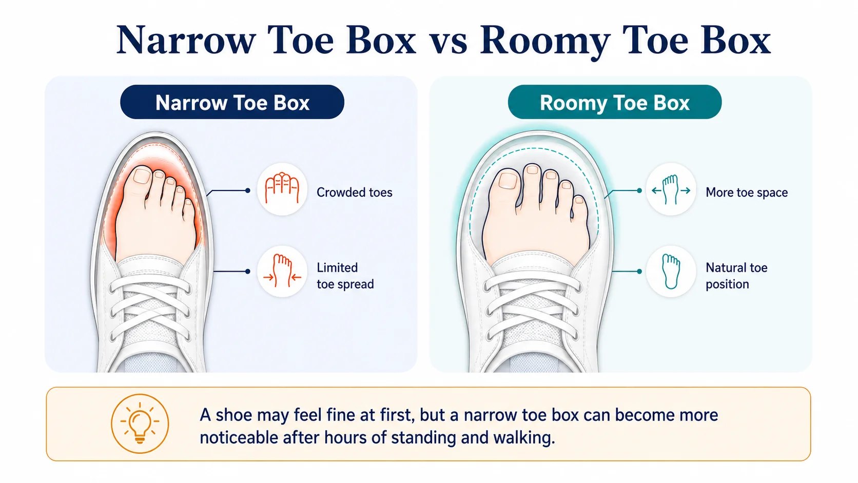 Narrow toe box compared with roomy toe box in nursing shoes