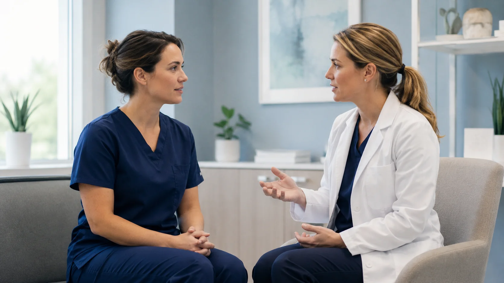 Nurse discussing foot pain with a healthcare professional