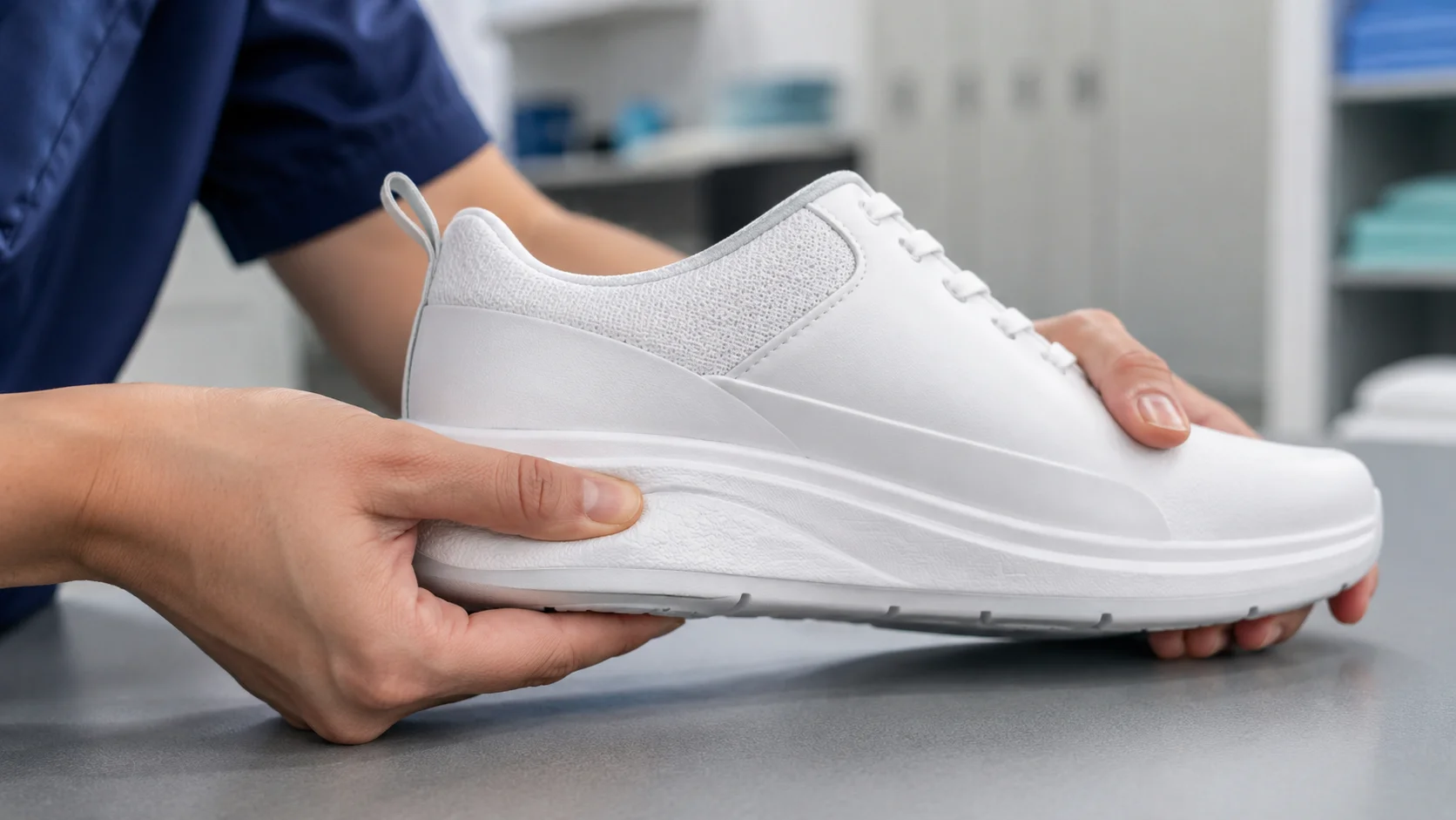 Nurse performing thumb press test on nursing shoe midsole