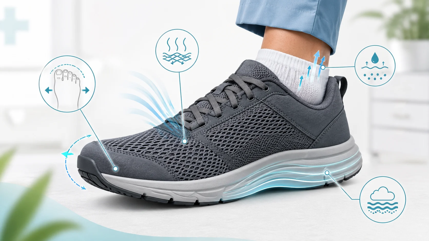 Nursing shoe details showing toe room cushioning breathable upper and socks