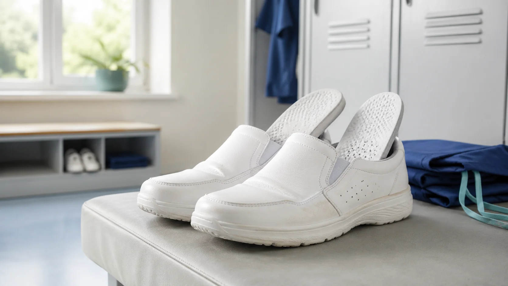 Nursing shoes airing out after a clinical shift