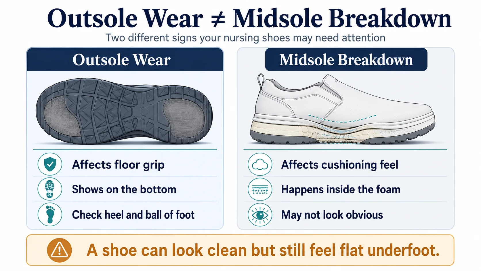 Outsole tread wear compared with midsole cushioning breakdown in nursing shoes