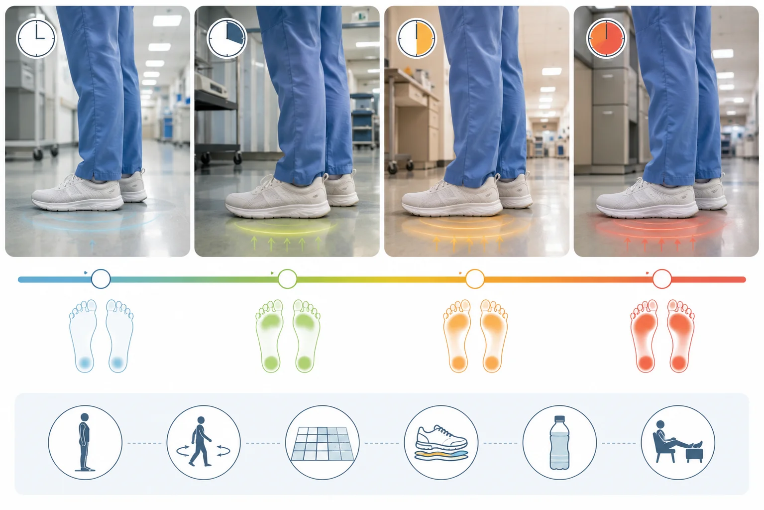 Infographic showing how foot heat and fatigue build over a 12-hour shift