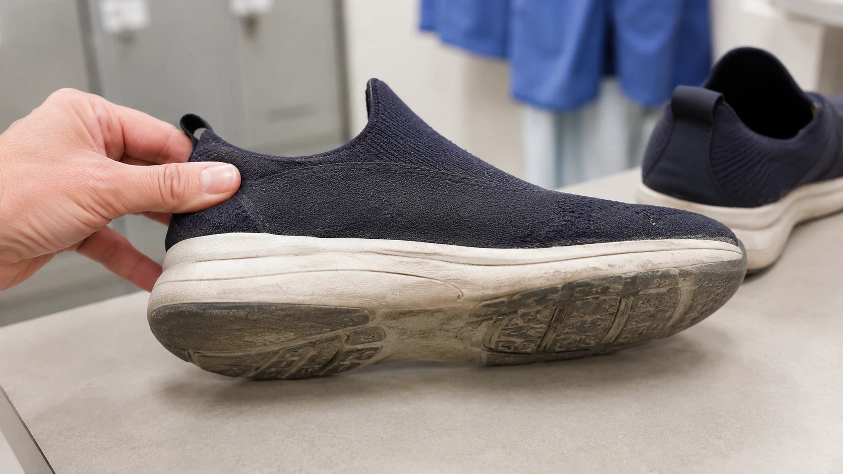 Worn nursing shoe showing visible signs of replacement