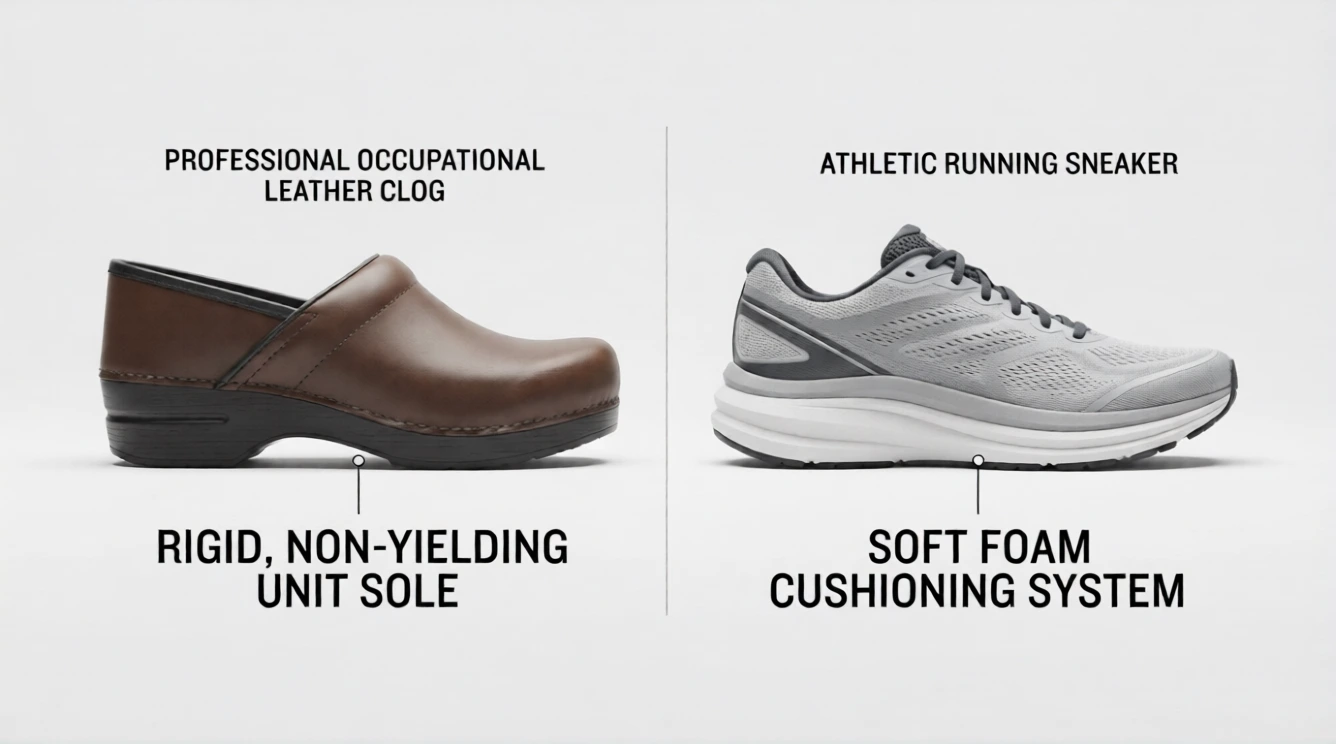 Anatomical breakdown comparing a rigid clog sole and a cushioned sneaker midsole