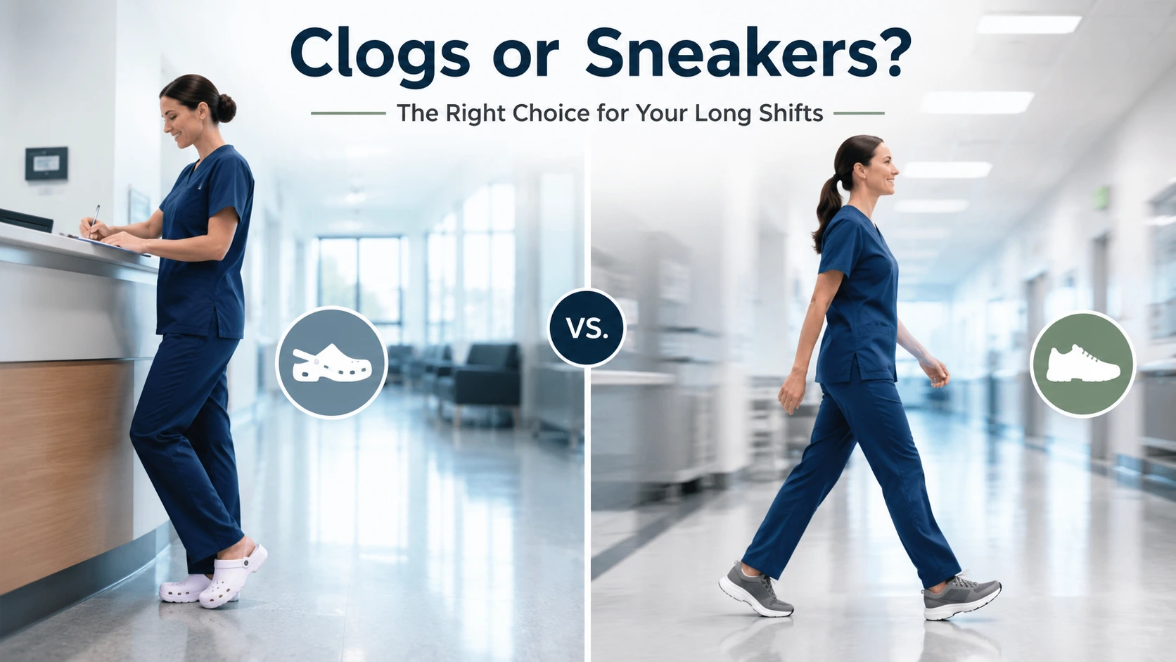 Healthcare worker wearing professional clogs and supportive sneakers for long shifts